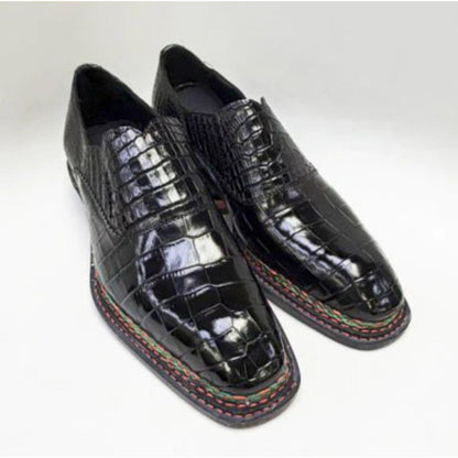 Handmade Black Alligator Embossed Leather Slip On mens Dress Shoes Square Toe mens Loafers, Full Grain Leather Shoes men
