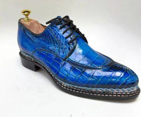 Handmade Blue Alligator Pattern Leather  Derby Shoes for Men,  Lace Up mens  Dress Shoes, Custom Leather Shoes men
