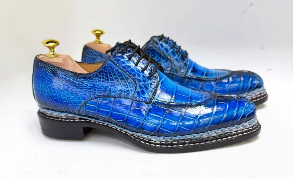 Handmade Blue Alligator Pattern Leather  Derby Shoes for Men,  Lace Up mens  Dress Shoes, Custom Leather Shoes men