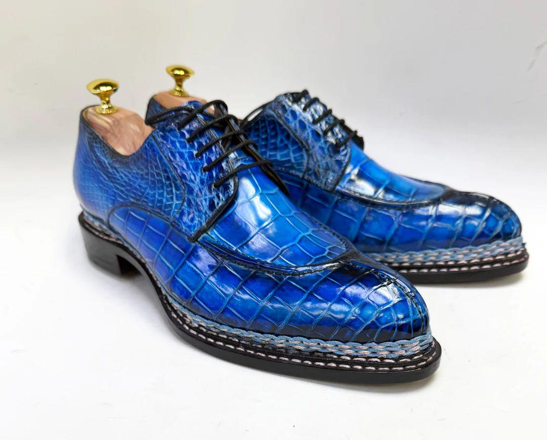 Handmade Blue Alligator Pattern Leather  Derby Shoes for Men,  Lace Up mens  Dress Shoes, Custom Leather Shoes men
