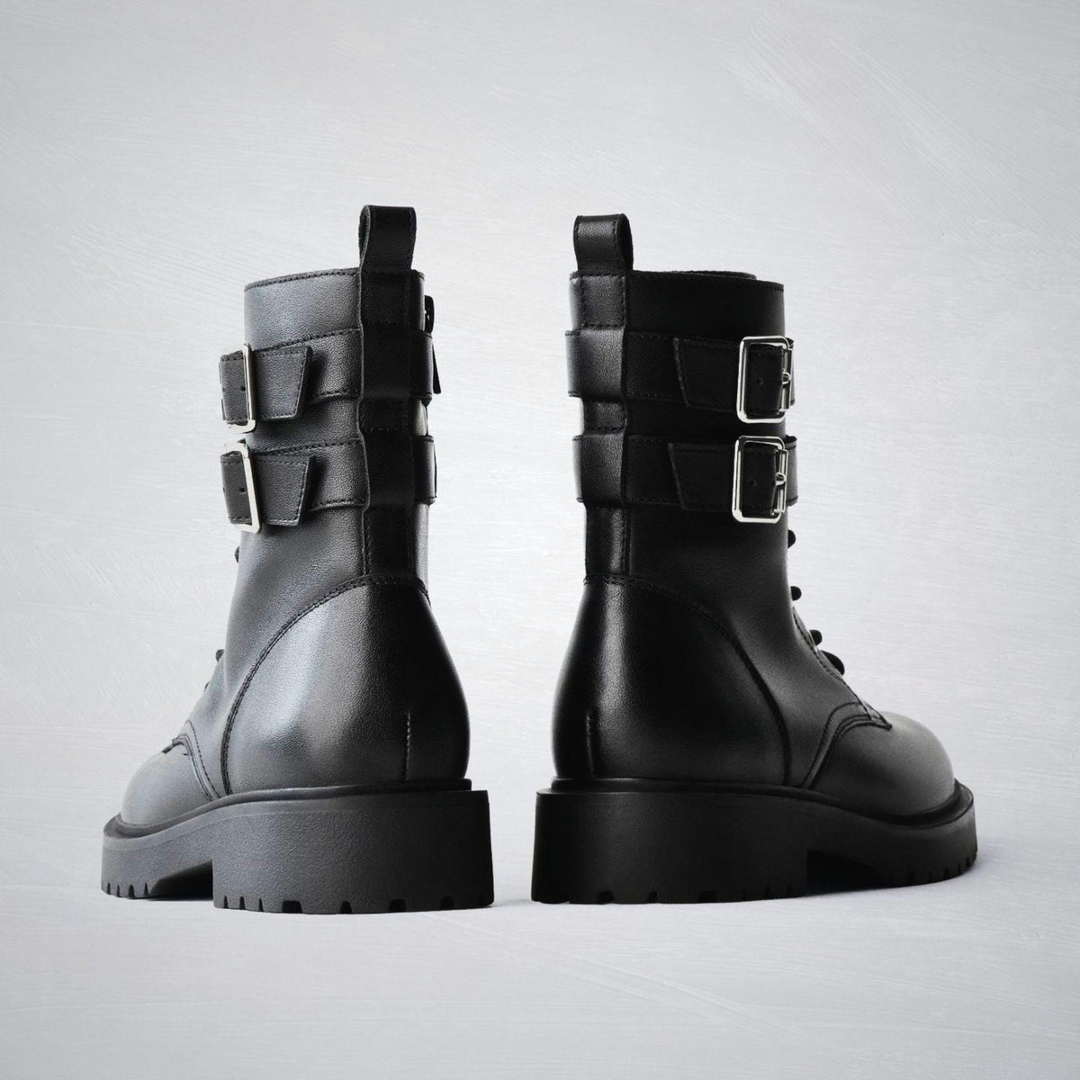 Handmade Leather Combat Boots Men's Biker Boots with Double Buckle Straps
