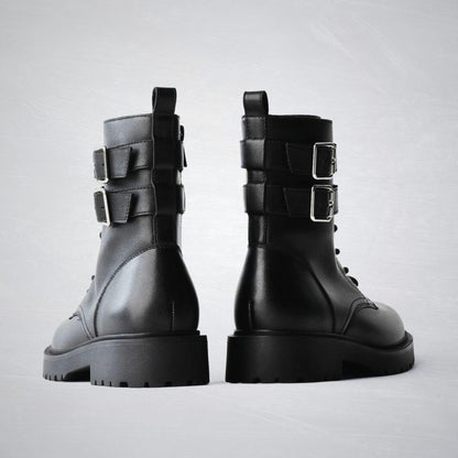 Handmade Leather Combat Boots Men's Biker Boots with Double Buckle Straps