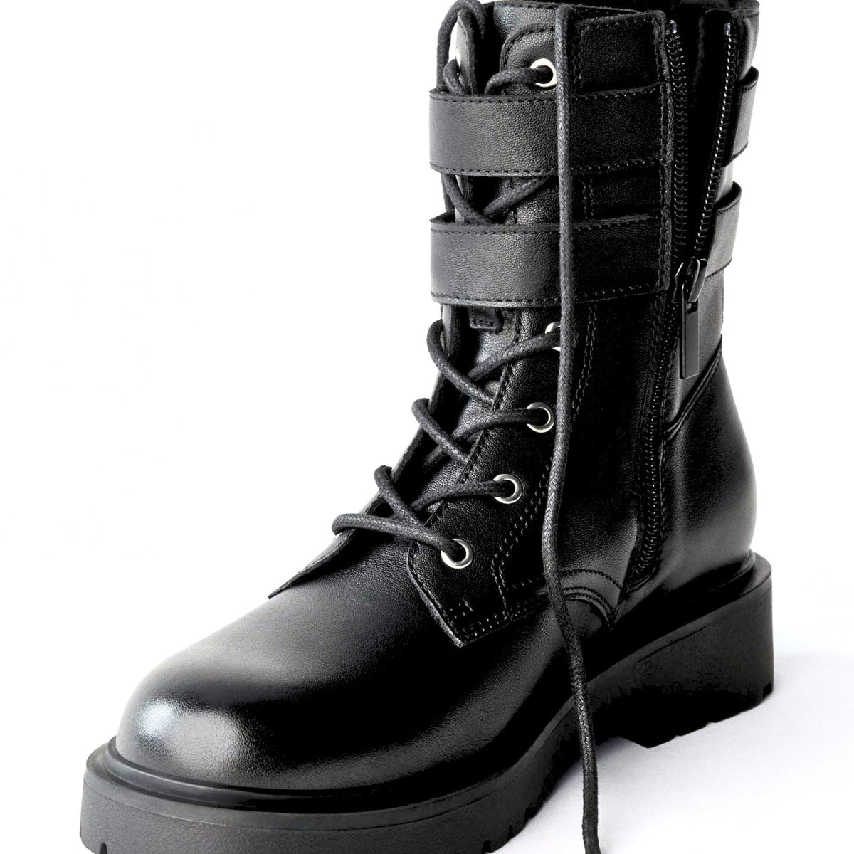 Handmade Leather Combat Boots Men's Biker Boots with Double Buckle Straps