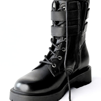 Handmade Leather Combat Boots Men's Biker Boots with Double Buckle Straps