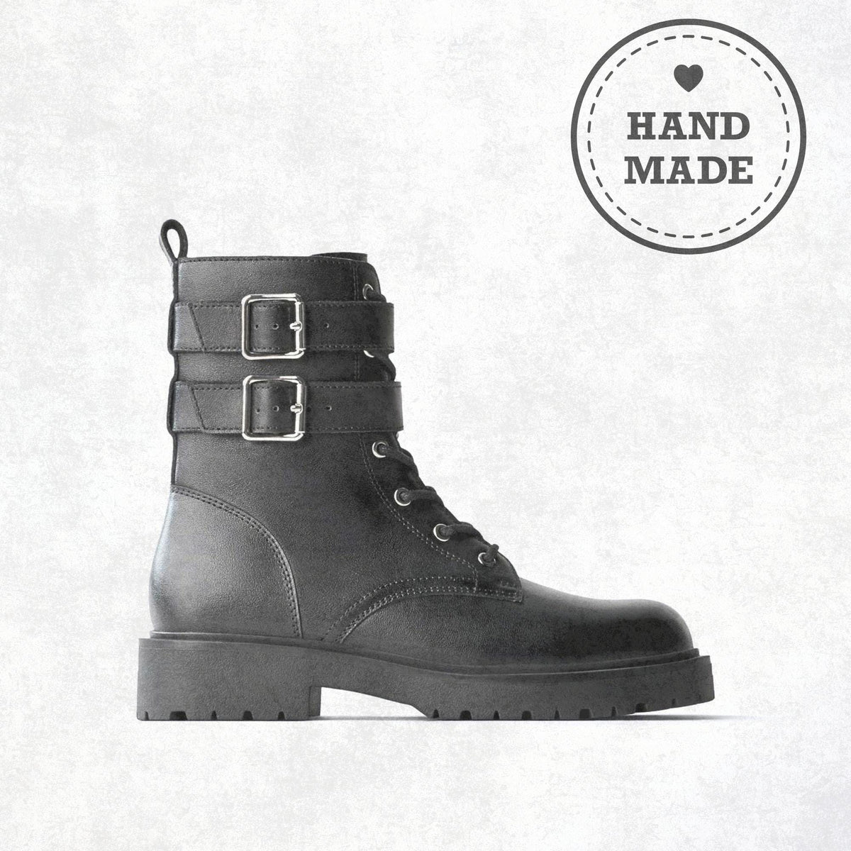 Handmade Leather Combat Boots Men's Biker Boots with Double Buckle Straps