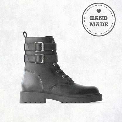 Handmade Leather Combat Boots Men's Biker Boots with Double Buckle Straps