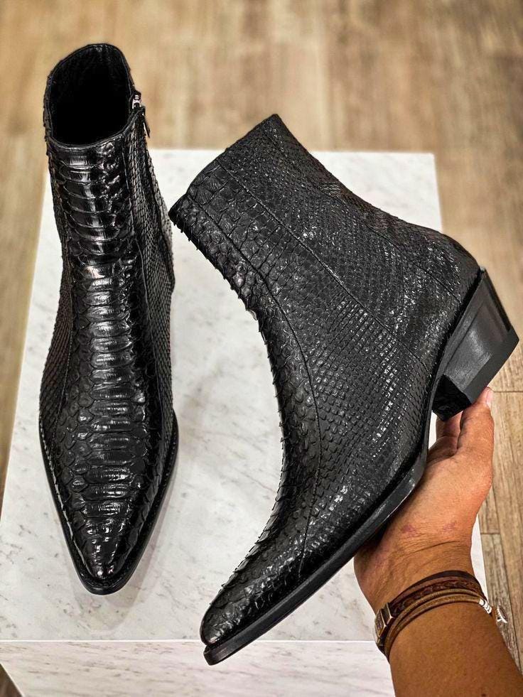 Women Black Ankle Boots | Snake Print womens Leather Boots | Pointed Toe Heel Boots
