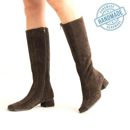 handmade suede leather gogo boots | dark brown thigh high boots | women long boots