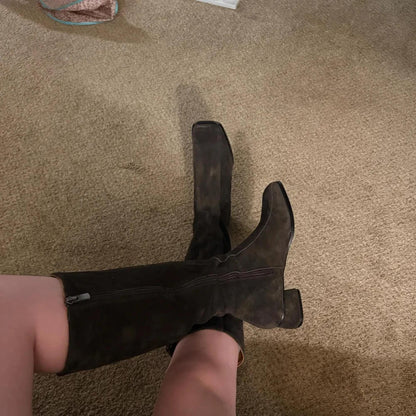 handmade suede leather gogo boots | dark brown thigh high boots | women long boots