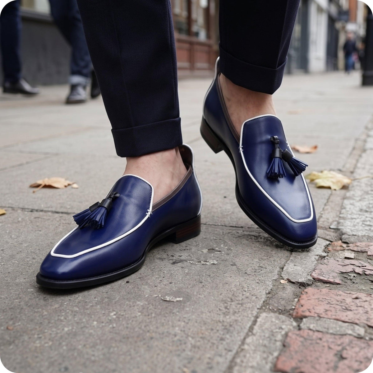 Handmade Blue Tassel Loafers | Men's Dress Shoes | Navy Slip On mens Loafers | White Trim Penny Style Shoes
