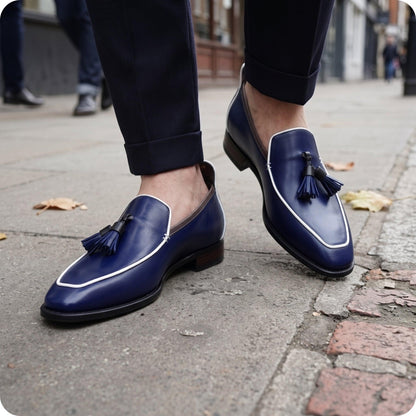 Handmade Blue Tassel Loafers | Men's Dress Shoes | Navy Slip On mens Loafers | White Trim Penny Style Shoes