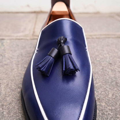 Handmade Blue Tassel Loafers | Men's Dress Shoes | Navy Slip On mens Loafers | White Trim Penny Style Shoes