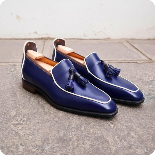 Handmade Blue Tassel Loafers | Men's Dress Shoes | Navy Slip On mens Loafers | White Trim Penny Style Shoes