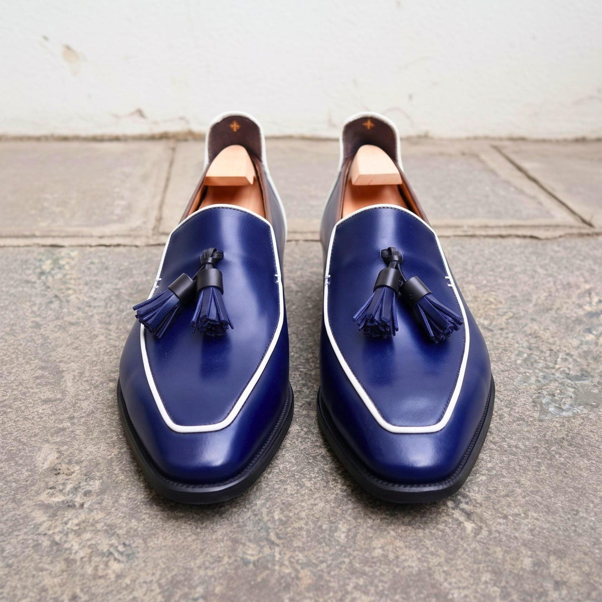 Handmade Blue Tassel Loafers | Men's Dress Shoes | Navy Slip On mens Loafers | White Trim Penny Style Shoes