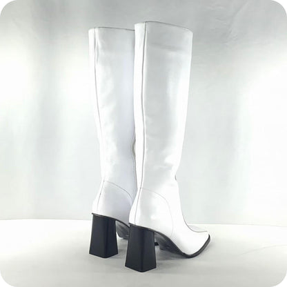 Handmade White Leather Go Go Boots | 60s Mod Style Boots | Cuban Heel | thigh High Boots