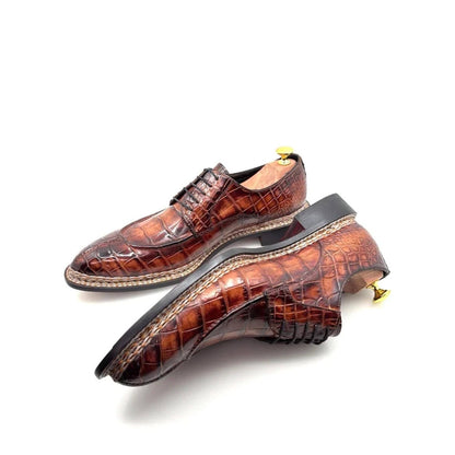 Handmade Brown Embossed Leather Alligator Shoes | Mens Dress Shoes | Lace Up Formal footwear | custom men shoes