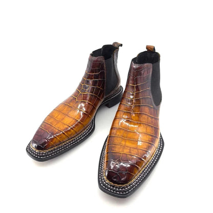 Handmade embossed leather Alligator Chelsea Boots | Patina Leather Ankle Boots | custom sizing