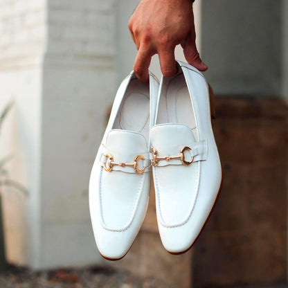 Handmade White Leather Loafers for Men, Horsebit Slip On Shoes, Luxury Dress Loafers, Wedding Shoes for Men, Formal Loafers