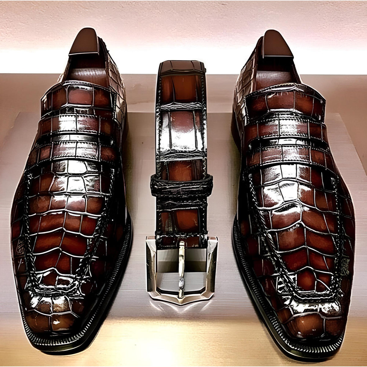 Handmade Brown Alligator Texture Loafers | Penny Loafer mens Dress Shoes | Exotic Print Slip Ons