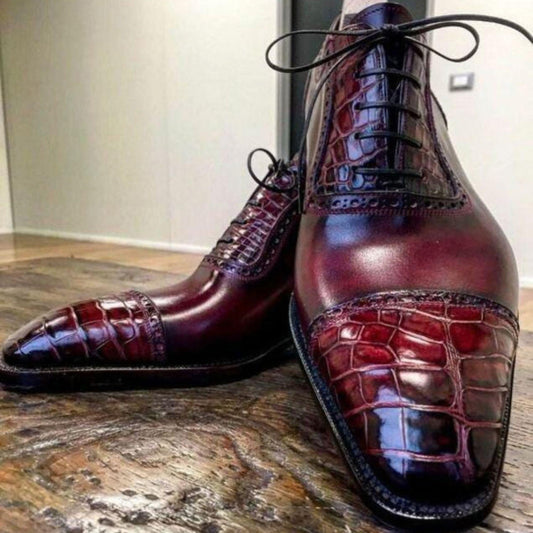 Handmade Burgundy Crocodile Embossed Oxfords | Cap Toe mens Dress Shoes | Custom size Formal Footwear